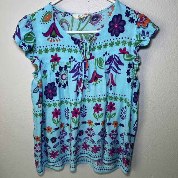 Easel Flutter Sleeve Blouse Women's Medium Blue Floral Pullover Ruffle Tie - Picture 1 of 8